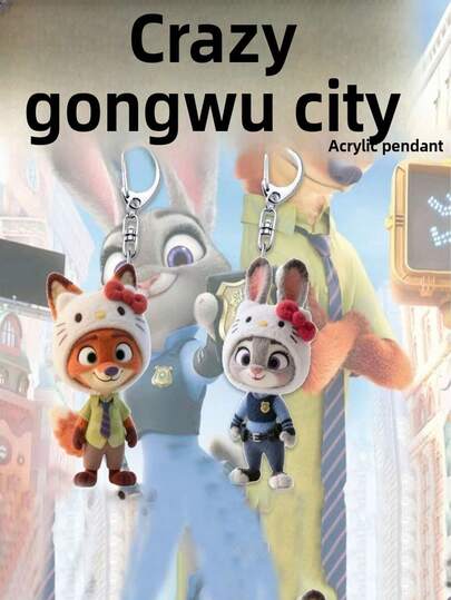 Disney 《疯狂动物城2》汽车装饰钥匙扣，尼克和朱迪钥匙圈，可作包包挂饰，粉丝礼物，卡通钥匙扣，适合儿童和成人，节日礼物