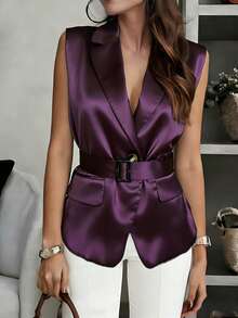 女士紫色缎面无袖翻领马甲西装外套，配同色腰带 - 优雅双层商务休闲马甲外套，适合办公室、约会、度假及日常穿着，春夏秋冬四季皆宜 - 紫色 - 查看 5
