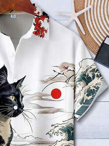 Japanese Ukiyo-E Plum Blossom Cat Print Men's Button Pocket Short Sleeve Hawaiian Aloha Shirt - White - View 4