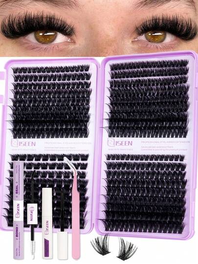 Bộ 558 sợi mi giả cỡ lớn, siêu dày 150D, mi giả lông chồn D-Curl bồng bềnh, độ dày 80D-100D-120D-200D, bao gồm keo dán mi, nước tẩy trang, dụng cụ uốn mi, nhíp để tự nối mi tại nhà.