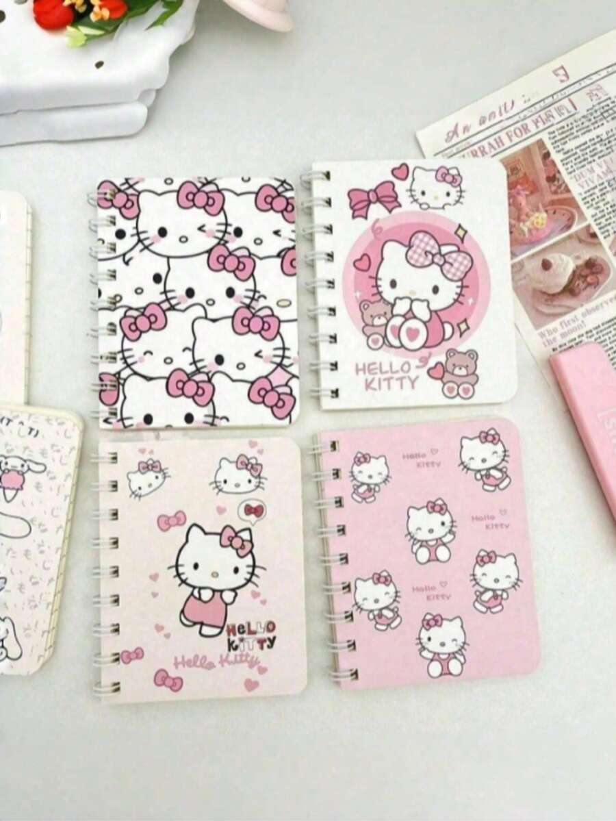 SANRIO 4本可爱粉色螺旋装订A5/A7笔记本，卡通便签本，日记本，账簿，学校办公用品，返校礼物 - 彩色 - 查看 1