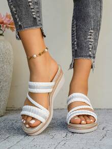 Women's Summer Fashion Wedge Thick Bottom White Woven Rhinestone Decor Sandals, Casual Comfortable Versatile Outdoor Wear Open Toe Non-Slip Beach Sandals, Vacation Style Slip-On Solid Color Sandals - White - View 3