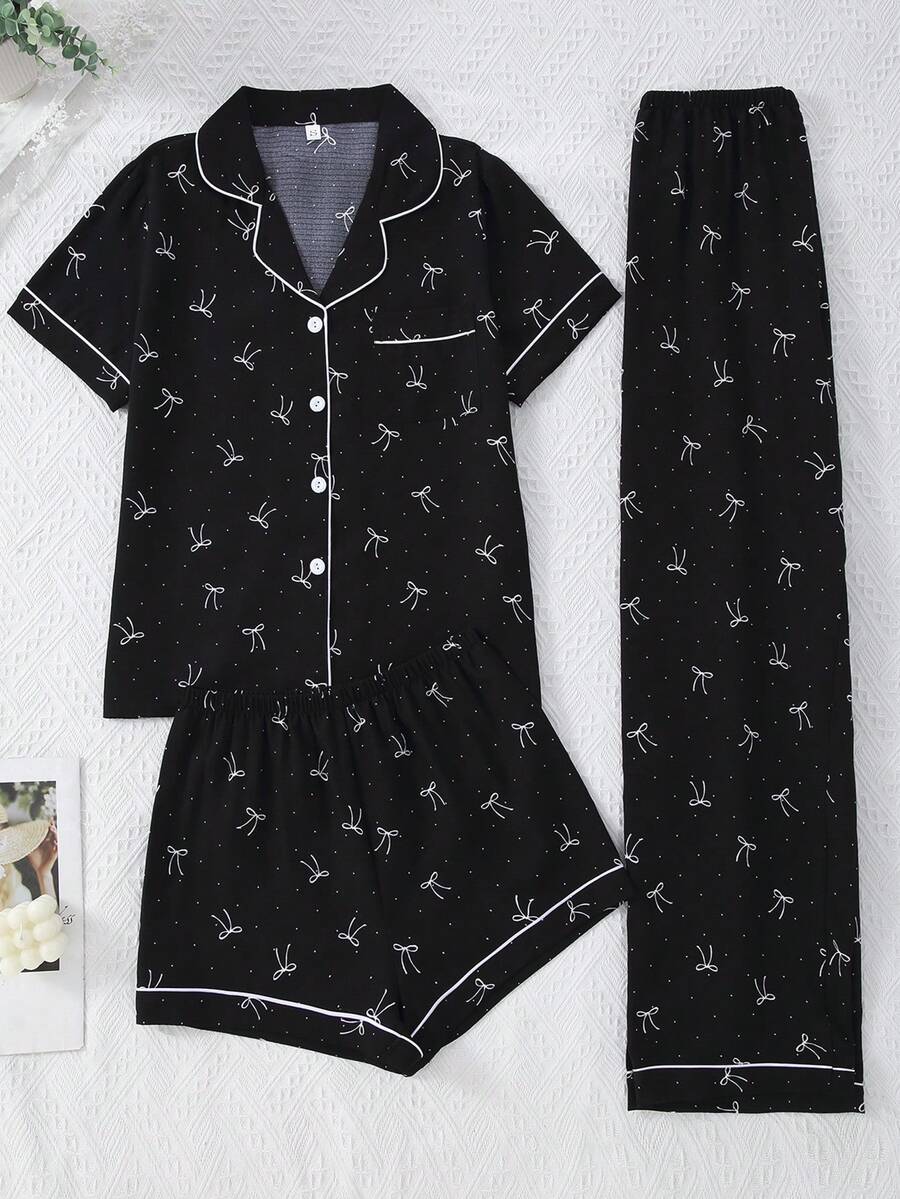 Bộ đồ ngủ 3 món cho nữ, kiểu áo choàng nhăn bồng bềnh, có nơ và họa tiết hoa. - Hồng - Xem 1