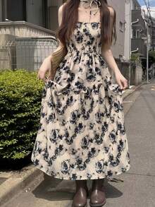Women's Bohemian Ditsy Floral Dress, Ruffled Hem, Casual Summer Elegant Choice, Pleated Top Flared Skirt Spaghetti Strap Dress - Apricot - View 2