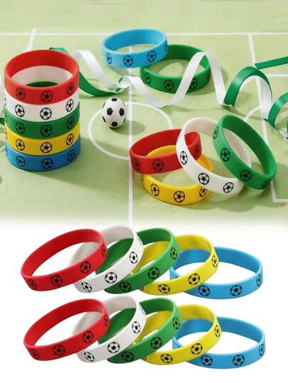10pcs/5pcs Rubber Wristbands For Football Enthusiasts, Football Motivation Rubber Wristbands, Colorful Football Prints, Men's And Women's Silicone Bracelets In Football Mixed Colors, Silicone Bracelets, Team Spirit Fan Accessories, Match Day Viewing Parties, Sports Parties, Birthday Gifts For Coaches And Players, Parties, Geometric Designs Suitable For Party Gifts, Elegant, Simple And Charming Sports Wristband Sets, Patterned Elastic Silicone Bracelets