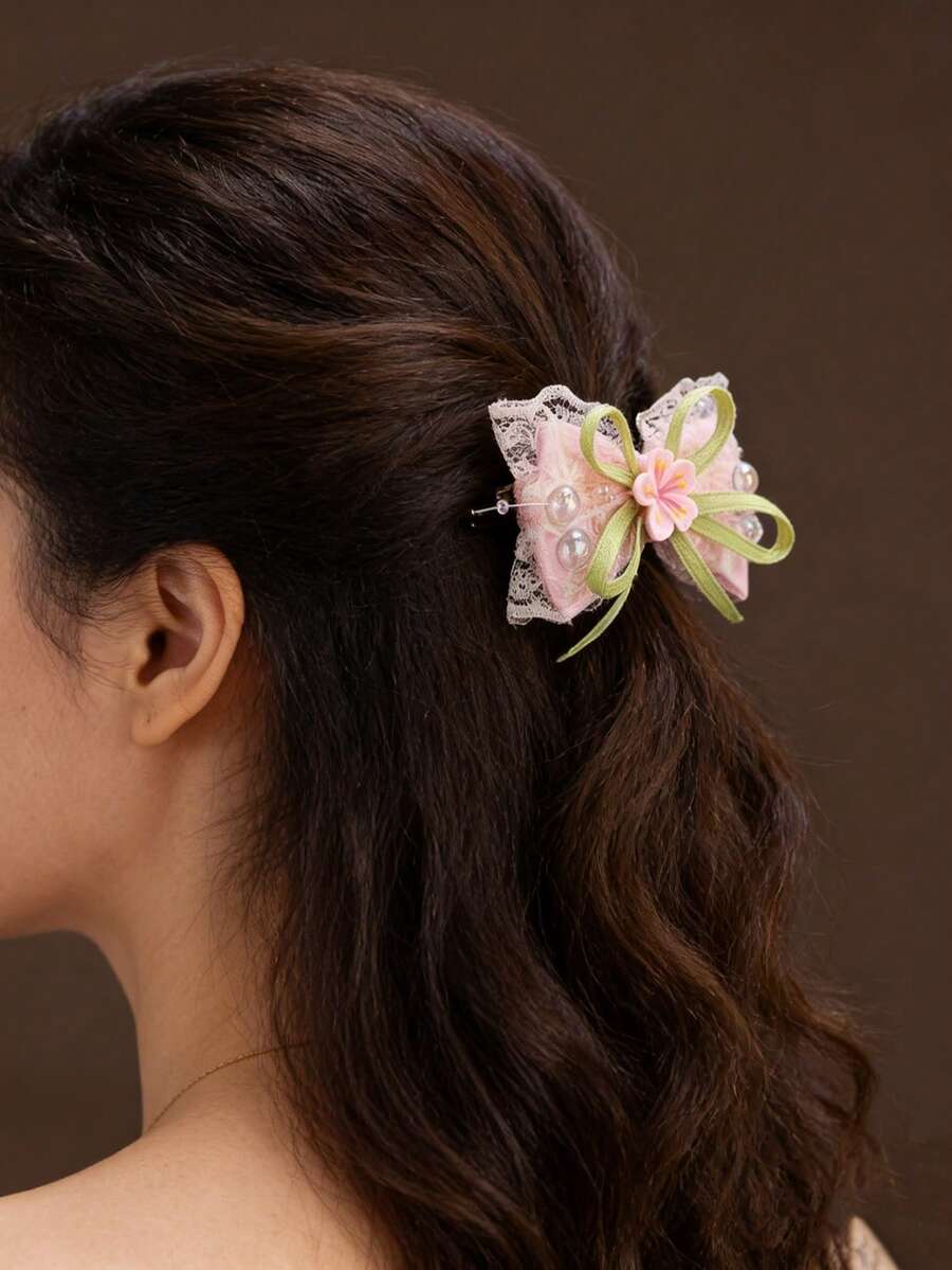 2个樱花发夹，新款蕾丝蝴蝶结设计发饰，清新百搭 - 彩色 - 查看 1