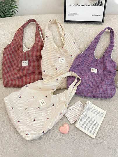 1Pc Plaid & Cherry Pattern Women's Tote Bag Shoulder Bag Large Capacity Open-Top Tote,Lightweight Handbag Hobo Bag Vacation Bag Vest Bag Suitable For Casual Outings,Shopping And Coastal Vacations, Beach Tote Bag, Travel Accessory,Spacious Tote Bag, Essential For Vacation, Ideal For Work, Back To School,Mom's Gift,Teacher's Gift,Birthday Gift,Graduation Gift