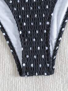 Bikini de dos piezas con estampado de leopardo y fruncido, conjunto de baño con tiras de amarre estilo europeo, bestseller todo el año para fiestas en la playa - Fondo negro con pequeños puntos blancos - View 6