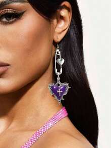 哥特风十字架、心形、玫瑰、蝴蝶结、荆棘、心形吊坠，黑色Y2K耳环，心形夹式耳环，情人节礼物 - 紫色 - 查看 2