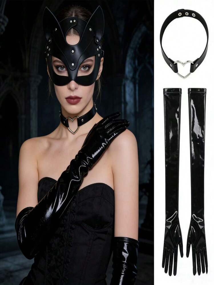 Bộ trang phục mèo Punk gồm mặt nạ mắt, vòng cổ hình trái tim và găng tay giả da - Hoàn hảo cho các bữa tiệc Halloween, vũ hội fetish, v.v. - màu đen - Xem 13