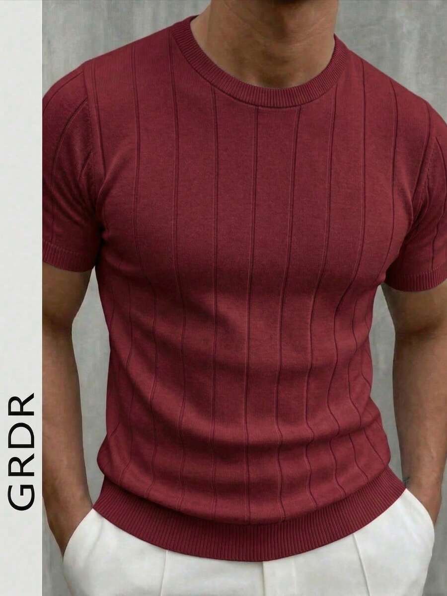 Suéter casual de punto acanalado de cuello redondo de manga corta de unicolor para hombres GRDR