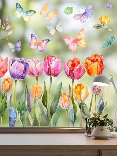 1片/2片装春季郁金香蝴蝶装饰贴纸，自粘窗贴，可移除墙贴，适用于阳台、橱柜、玻璃、家居装饰，适合情人节、复活节、春季、夏季等季节。
