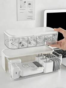 1 Stück Desktop-Kabelorganizer, Handy-Ladegerät Kabelmanagement-Box, mehrschichtige Kabelaufwicklung, Stromkabel Aufbewahrungsbox, transparente Aufbewahrungsbox für die Abschlusszeit, sommerliche transparente staubdichte Aufbewahrungsbox - Weiss - Übersicht 5