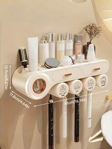1pc Toothbrush Holder With Gargle Cup, Wall Mounted Toothbrush Storage Rack, With Toothpaste Dispenser And Cosmetic Drawer, Toothbrush Storage Organizer, Bathroom Multifunctional Toothpaste Toothbrush Container, Bathroom Accessories, Home Decor Home Bathroom Decor Fall Decor Back To School - Automatic Toothpaste Dispenser - View 9