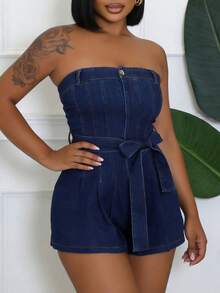 Women's Sexy Strapless Denim Romper | Belted Waist Bow & Button Front Design, Ideal For Street Style, Daily Outings & Summer Activities - Màu xanh lam - Xem 2