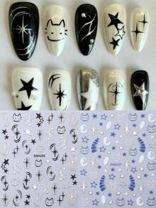 2 Stück süße 3D Stern & Mond Katzenpfoten Nail Art Aufkleber, Cartoon Stil, geeignet für Frauen & Mädchen DIY Nageldekoration Accessoires - Verschiedenfarbig - Übersicht 3