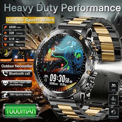 KENPANG 2026 New Outdoor Sports Smart Watch With Bluetooth Call, 100+ Sports Modes, Health Monitor, 1000mAh Large Battery, LED Flashlight & Waterproof Function, Alloy Body Fashion Smartwatch For Men Women Daily Exercise Running Hiking