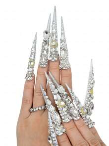 Handmade Luxury Extra Long Stiletto Press On Nails, Artisan Design, Dense Rhinestone Details, Multi-Shaped Gem, Gold Accents, High-Gloss Finish, Salon-Quality Reusable, Ideal Gift For Luxury Style Enthusiasts Summer Easter - Bạc - Xem 5