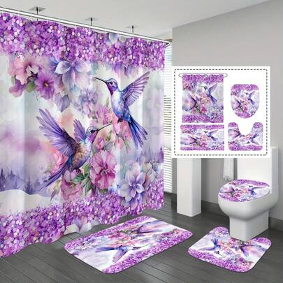 1/4 件套紫色蜂鸟图案浴帘套装，防水花卉浴帘配 12 个挂钩，防滑浴室地垫，U 型马桶垫，马桶盖套，浴室装饰，浴室帘套装，浴室配件