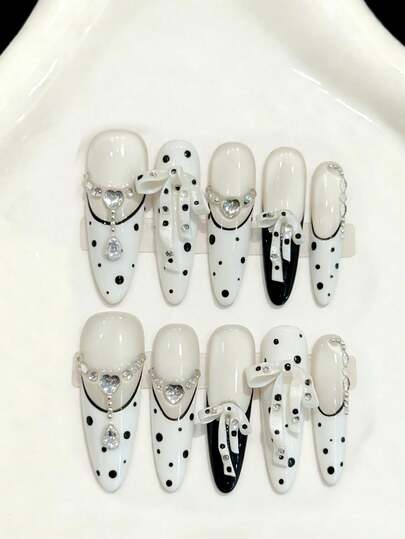 10PCS Long Stiletto Handmade Press On Nails For Party And Daily Wear,Black And White Colors Nails,Bow Nail,Long Stiletto Nails, Black & White Polka Dot Ribbon French Ballet Bow Nails,Shiny Cat's Eye,Easy To Wear 10pcs Y2K Handmade Press On Nails,Shining Bright ,Summer Nails ,Summer Style,Suitable For Girls And Women Festivals Parties And Daily Wear