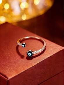 1枚可调节蓝色邪眼水钻戒指，简约百搭设计，女士款 - 開口戒指 - 查看 3