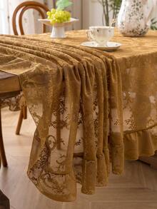 1 pieza Mantel de estilo francés con volantes de unicolor tipo peonía, encaje francés de lujo y ligero con decoración de volantes, adecuado para comedor, mesa de café, sala de estar, dormitorio, cocina, decoración de mesa de comedor, excelente para fiestas, picnics, bodas - Camel - Ver 9
