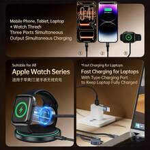100W Nylon Braided 3-In-1 Magnetic Charging Cable, Wireless Charger For Apple Watch + Type-C + Lightning Dual USB Charging Cable, Compatible With IPhone And Series, Portable Travel Data Cable - Black - View 6