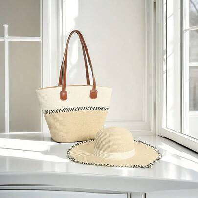 Pahajim Raffia Beach Bag And Hat Set For Women,  Straw Bags With Zip Woven Tote Bag For Vocation Travel