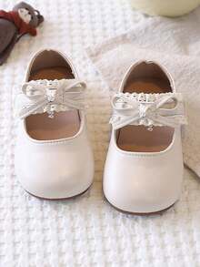 1 đôi giày bé gái mũi tròn đơn giản có viền ren, giày lười thắt nơ thanh lịch cho mùa xuân và mùa thu. - Màu be - Xem 22