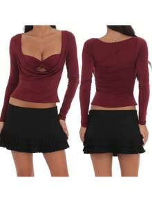 Womens Cowl Neck Cutout Tops Long Sleeve Low Cut Solid Color Slim Fit T-Shirts Fall Blouses - Red - View 7
