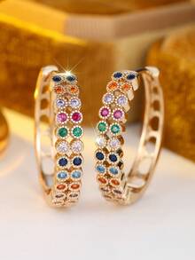 1 Pair Of Gold-Tone Pave Zirconia Multicolor Bezel Hoop Earrings Huggie Earrings Dainty Radiant Jewelry For Daily Wear Wedding Party Gift For Women - Colorful - View 3