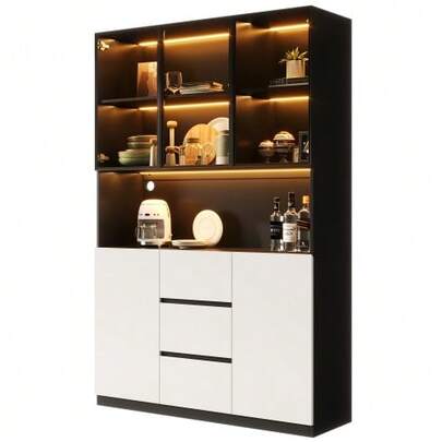 LED-Illuminated Glass Display Cabinet 120*40*200 Cm – Tempered Glass Display Cabinet With Open Shelves, Three Drawers, And Two Doors. A Versatile Cabinet Suitable For Living And Dining Rooms.