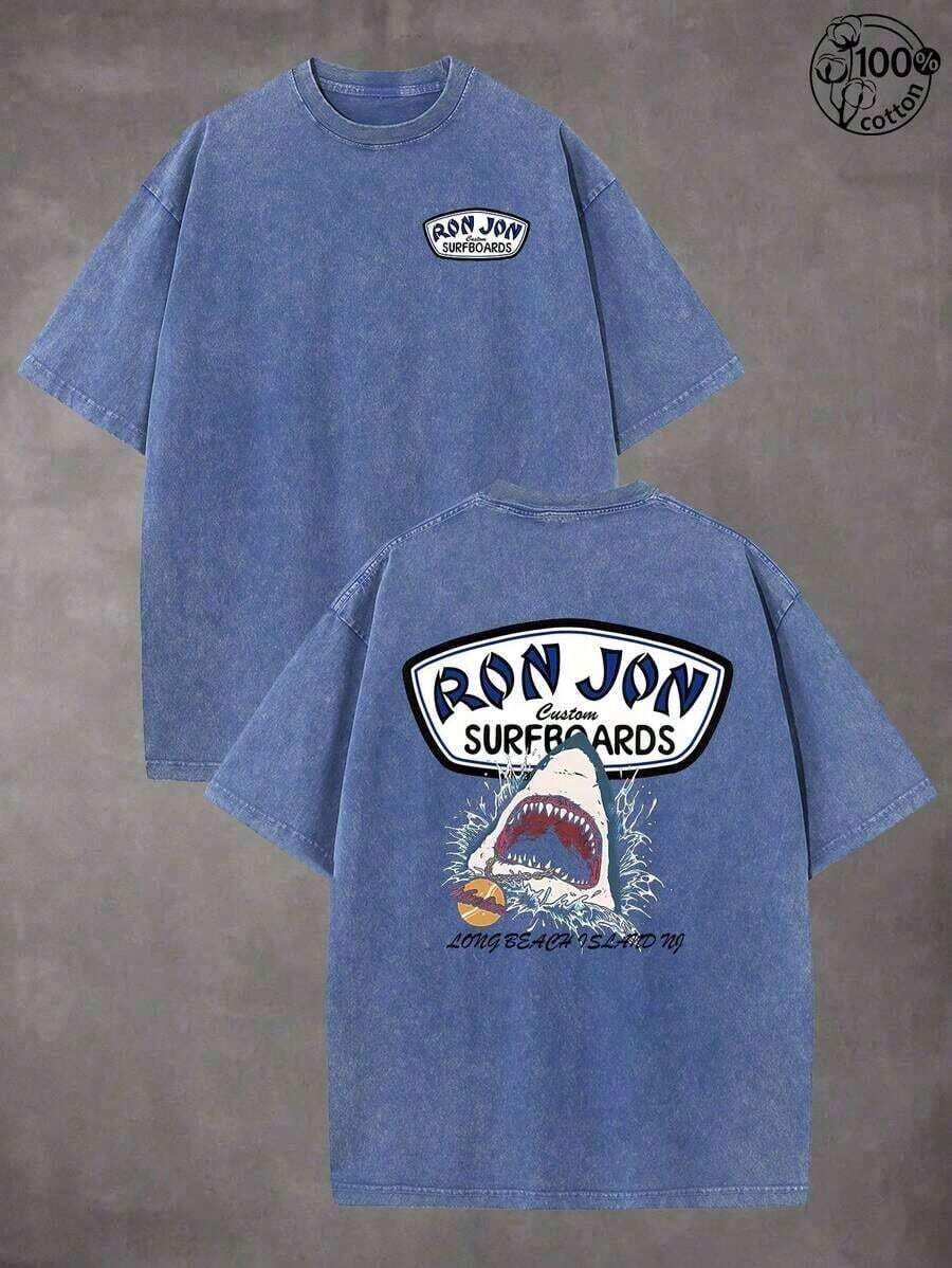 2026 New Arrival Unisex Surfboards Shark Graphic T-Shirt, 100% Cotton Vintage Washed Black Crew Neck Short Sleeve Oversized Tee, Double-Sided Surf & Shark Print Casual Top For Beach, Surfing & Streetwear Outfits - 寶藍色 - 查看 1