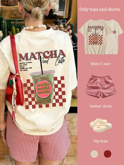 夏季新款简约时尚抹茶咖啡印花休闲圆领短袖T恤，百搭女装