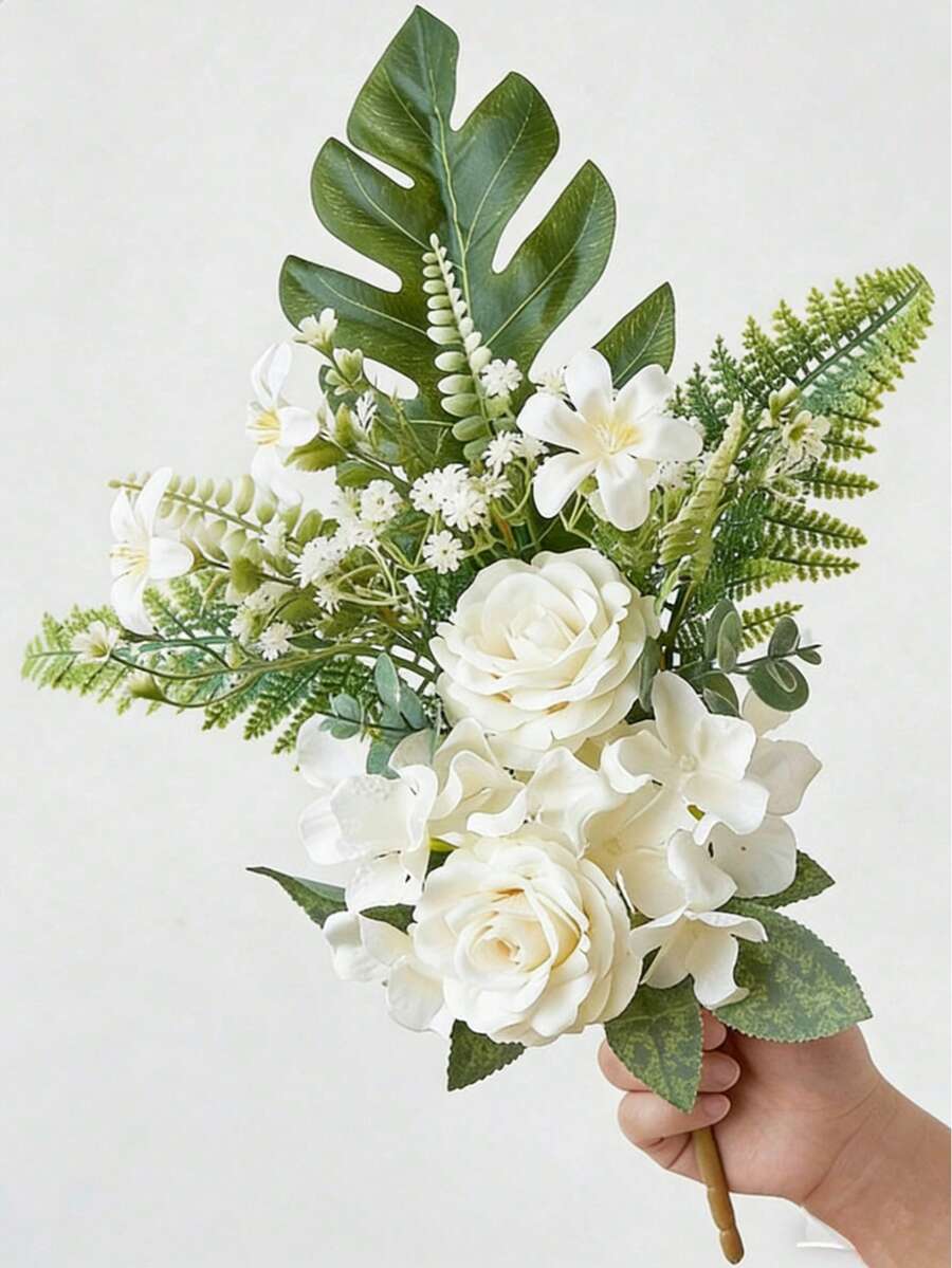 1 Bó hoa giả gồm hoa hồng, hoa baby's breath và hoa cẩm tú cầu, kết hợp với lá Monstera nhiệt đới, trang trí hoa sống động như thật, thích hợp cho nhà cửa, phông nền đám cưới, trang trí bàn tiệc và nhiều hơn nữa. - trắng - Xem 1