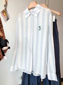 女士条纹椰树印花单排扣休闲百搭日常短袖衬衫 - 淺藍色 - 查看 2