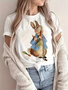 Women's Cute Rabbit Print-Shirt - Semi-Sheer Casual Short Sleeve Top With Rabbit Spring Summer Casual Attire Washable Round Neck Blouse Western Graphic Tees Men Clothes Camisas Para Hombre Graphic Tees Women Clothes Summer Tops Summer Clothes Graphic Tee Shirts - trắng - Xem 5