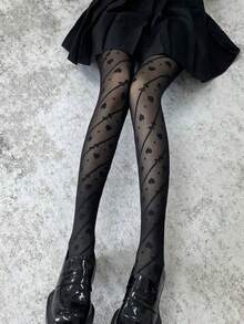 1件洛丽塔风格爱心图案性感日式校服连裤袜，黑/白丝袜 - 彩色 - 查看 9