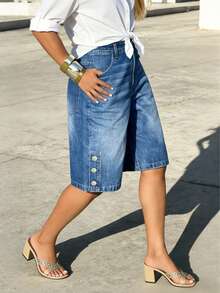 High Waist Wide Leg Denim Bermuda Shorts With Side Button Detail - Casual Summer Knee Length Denim Shorts - Medium Wash - View 4
