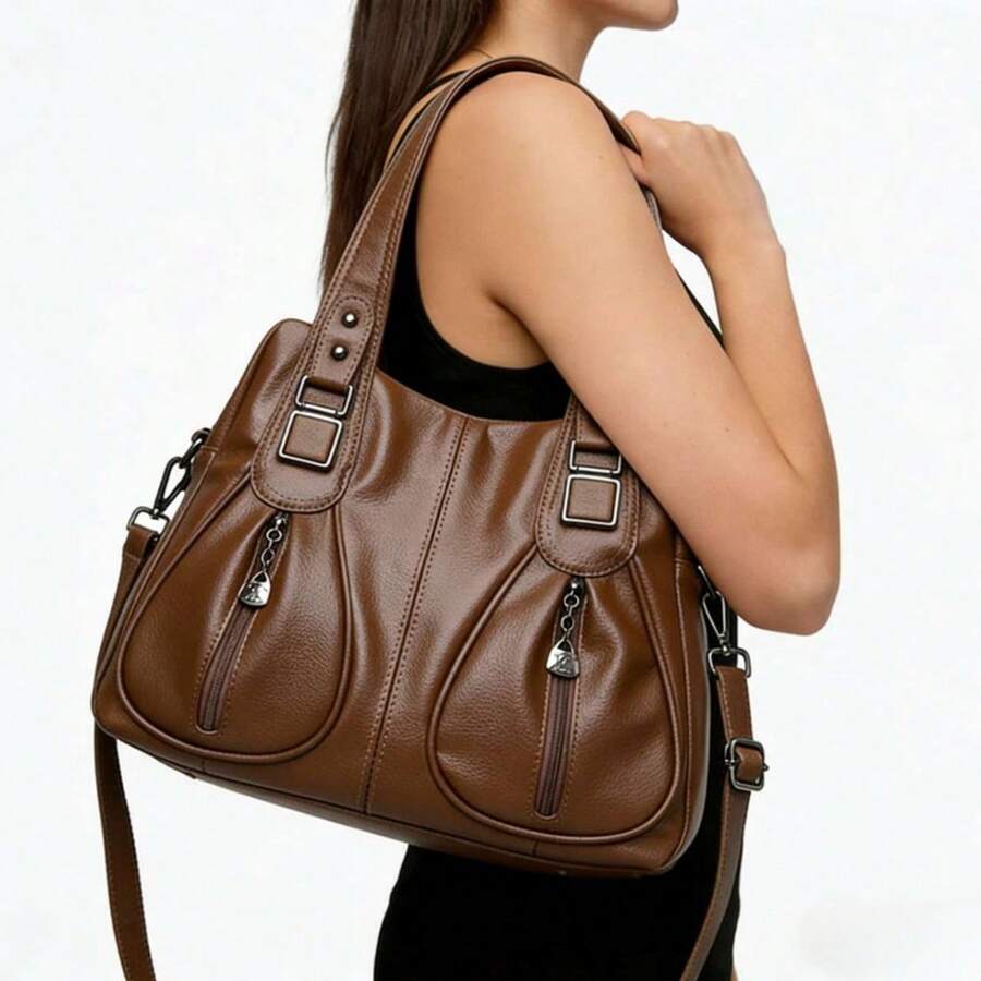 Women's Soft Leather Handbag That Can Be Used As A Shoulder Bag Or Crossbody Bag. Its Design Is Simple, Casual, Elegant And Versatile, Ideal For Middle-Aged Mothers. - 咖啡 - 查看 1