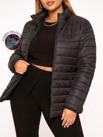 Jaqueta Feminina Puffer Plus Size Básica Leve Quentinha Nylon Preto