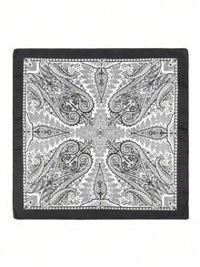 1条70*70厘米缎面印花围巾，时尚女士头巾、披肩、领巾 - 黑腰果 - 查看 3