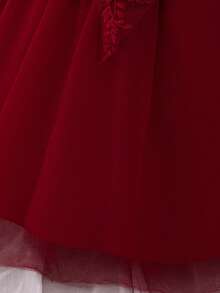 Baby Girls Bow & Flower Mesh Princess Dress, Suitable For Party & Flower Girl, Random Fabric Pattern, Headband Not Included - Burgundy - View 9