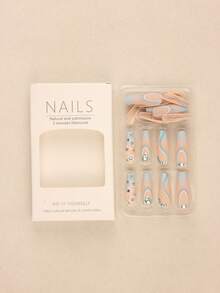 24片渐变湖蓝色扎染奢华假指甲，饰有花卉图案、闪亮曲线和水钻，优雅飘逸的风格，适合派对、约会或各种场合，展现个性魅力。 - 彩色 - 查看 3