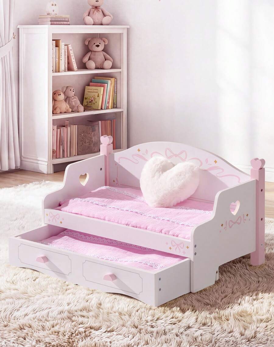 Robotime Robud 2-In-1 Wooden Doll Bunk Bed & Sofa Set With Bedding – Convertible Baby Doll Crib Furniture, Pink Kids Pretend Play Toy Gift - Pink - View 1