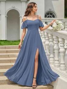 EVERPRETTY Elegant Off-Shoulder Chiffon Maxi Dress In Pale Blue, Suitable For Bridesmaid, Graduation, Birthday Party, Spring/Summer Wedding Guest, Mother Of The Bride - Dusty Blue - View 10