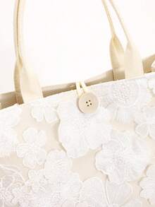 1 chiếc túi tote vải lanh phối lưới và đính sequin nhiều màu sắc, thiết kế thêu hoa lá thời trang, túi đeo vai vuông dung tích lớn, túi mua sắm phong cách thường ngày cho kỳ nghỉ (Họa tiết hoa được phân bố ngẫu nhiên) - trắng - Xem 9