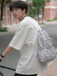 Back To School Korean Ins Polka Dot Drawstring Pocket Backpack, Travel, College Student, Commute, Outdoor, Daily Shopping, Large Capacity Foldable Rucksack, Campus Bag - White - View 2