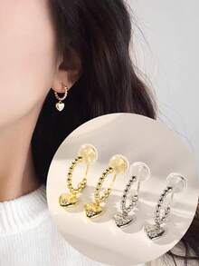 1对时尚新款锆石心形耳环，铜质耳环，女士夹式耳环，无需耳洞，优雅显瘦，适合日常佩戴和节日礼物 - 耳夾 - 查看 7