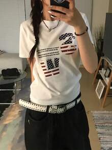 美式星星印花圖案 T恤 復古國旗字母印花 白色 T恤 Y2K 街頭風休閒女款短袖上衣 夏季 - 白色 - 查看 2